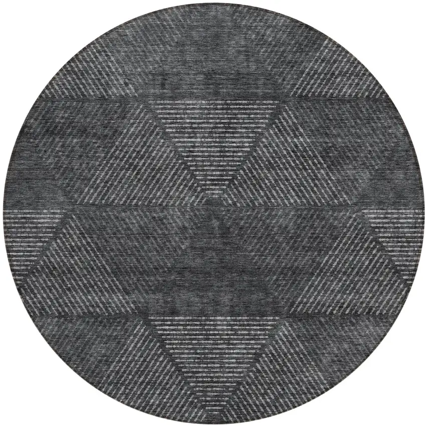 8' Charcoal Gray And Silver Round Geometric Washable Indoor Outdoor Area Rug Photo 2