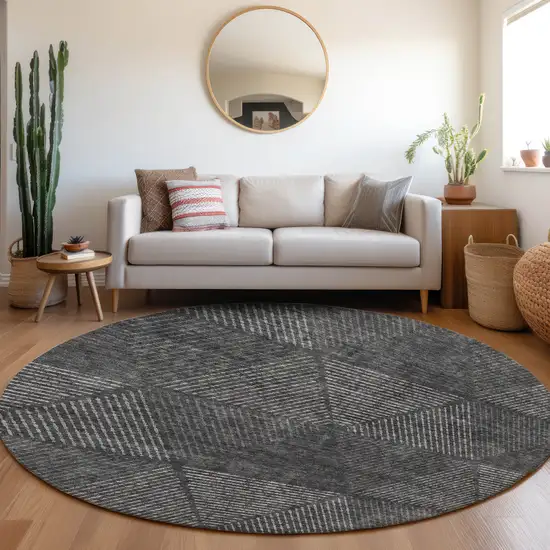 8' Charcoal Gray And Silver Round Geometric Washable Indoor Outdoor Area Rug Photo 9