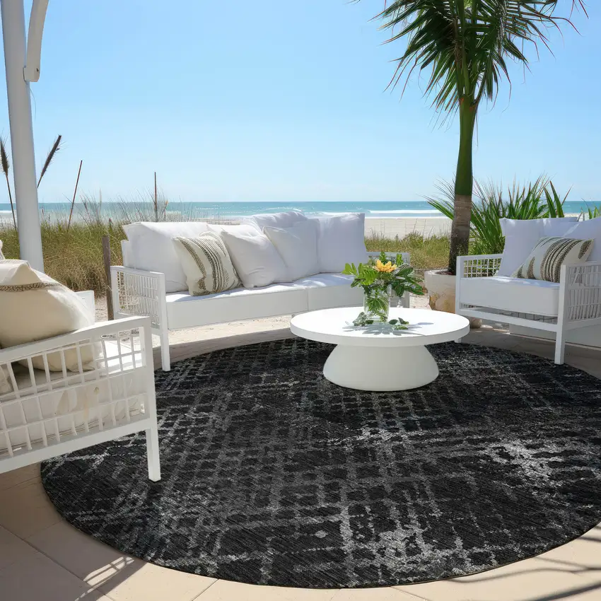 8' Charcoal Gray And Silver Round Geometric Washable Indoor Outdoor Area Rug Photo 6