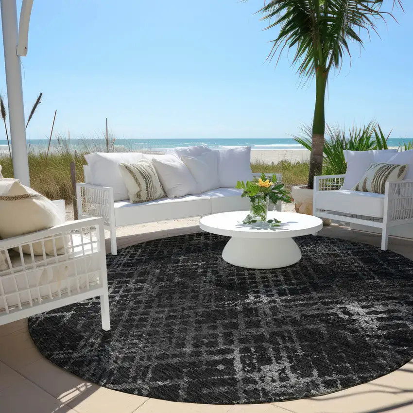 8' Charcoal Gray And Silver Round Geometric Washable Indoor Outdoor Area Rug Photo 6