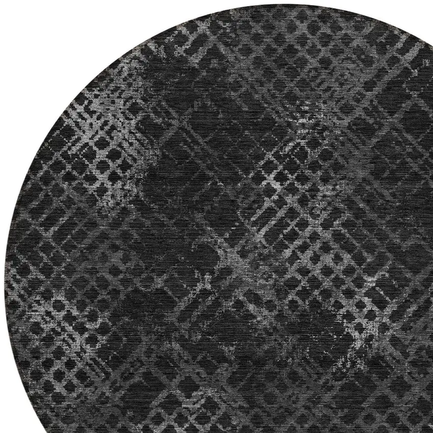 8' Charcoal Gray And Silver Round Geometric Washable Indoor Outdoor Area Rug Photo 4