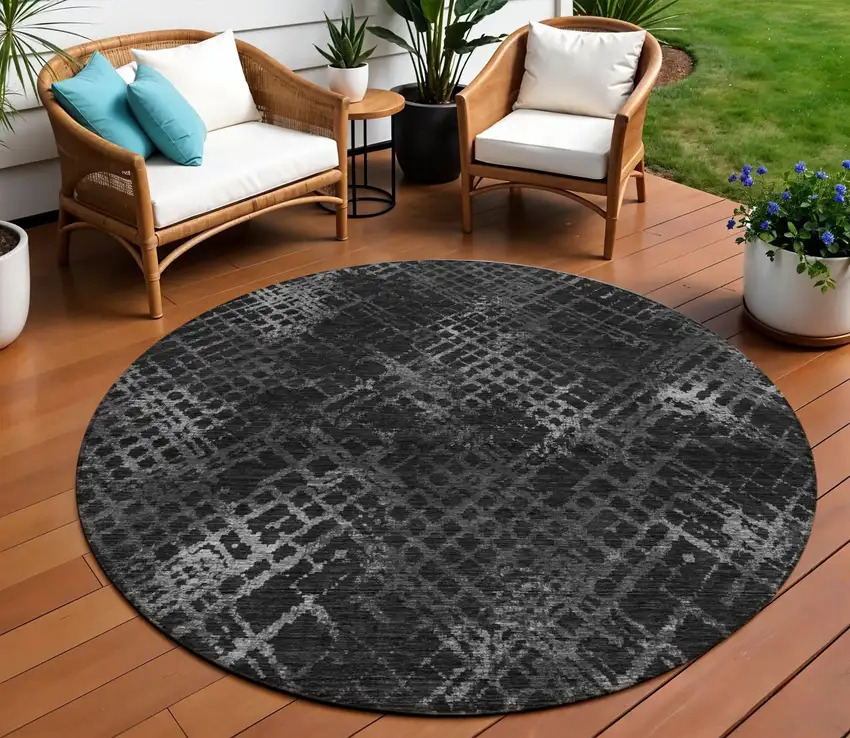 8' Charcoal Gray And Silver Round Geometric Washable Indoor Outdoor Area Rug Photo 1