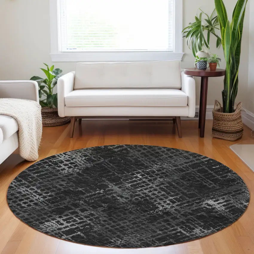 8' Charcoal Gray And Silver Round Geometric Washable Indoor Outdoor Area Rug Photo 7