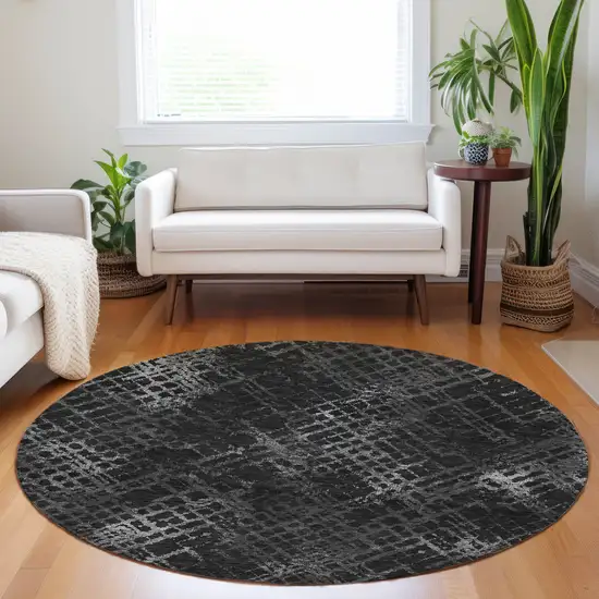8' Charcoal Gray And Silver Round Geometric Washable Indoor Outdoor Area Rug Photo 7