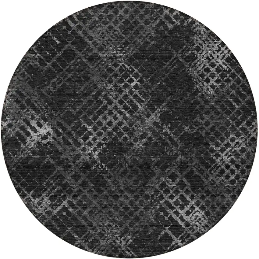 8' Charcoal Gray And Silver Round Geometric Washable Indoor Outdoor Area Rug Photo 5