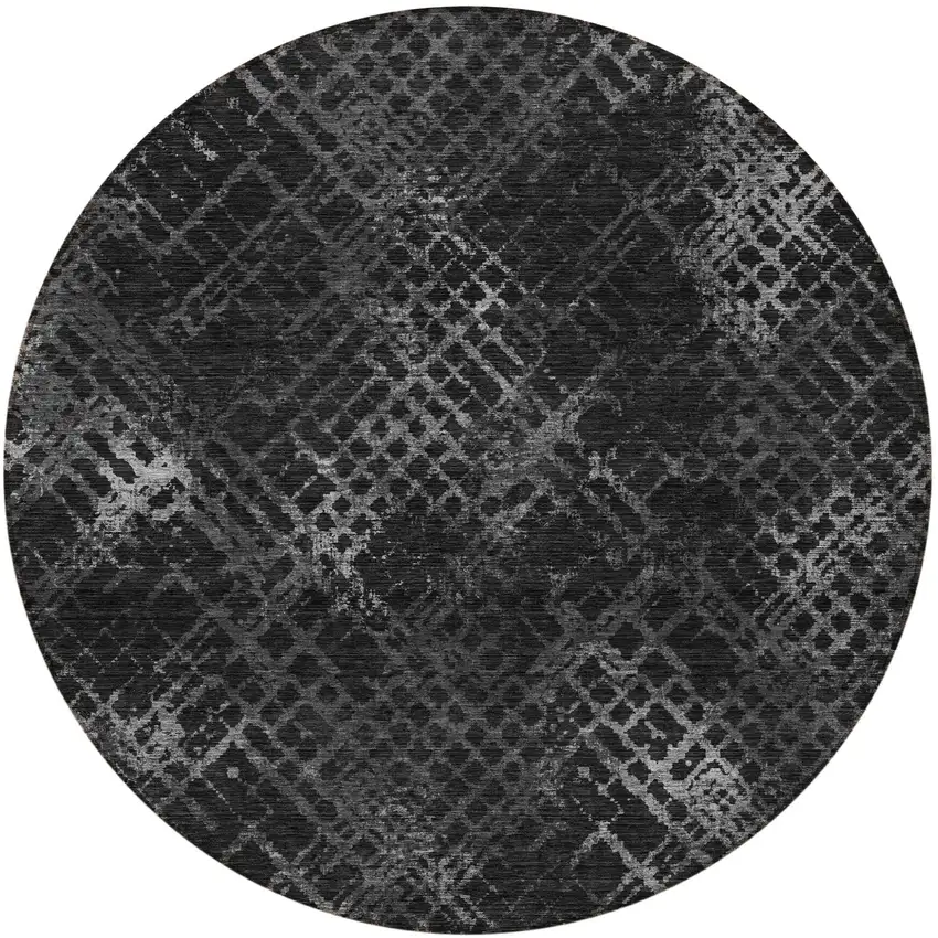 8' Charcoal Gray And Silver Round Geometric Washable Indoor Outdoor Area Rug Photo 5