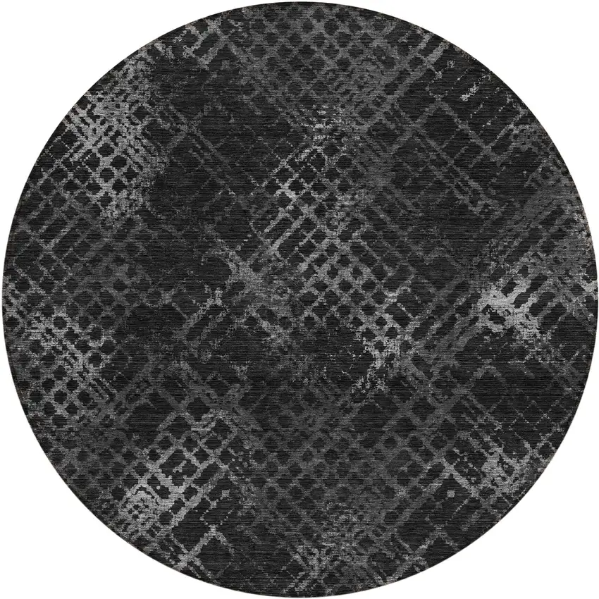 8' Charcoal Gray And Silver Round Geometric Washable Indoor Outdoor Area Rug Photo 2