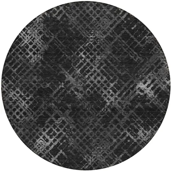 8' Charcoal Gray And Silver Round Geometric Washable Indoor Outdoor Area Rug Photo 2