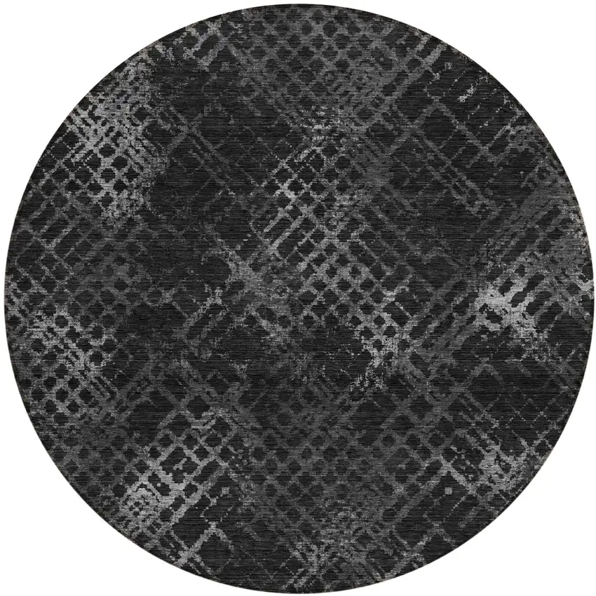 8' Charcoal Gray And Silver Round Geometric Washable Indoor Outdoor Area Rug Photo 2