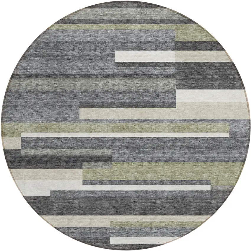 8' Charcoal Gray And Silver Round Striped Washable Indoor Outdoor Area Rug Photo 1
