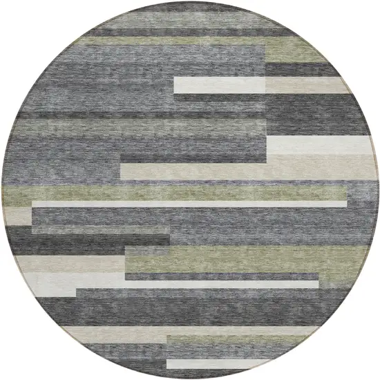 8' Charcoal Gray And Silver Round Striped Washable Indoor Outdoor Area Rug Photo 1