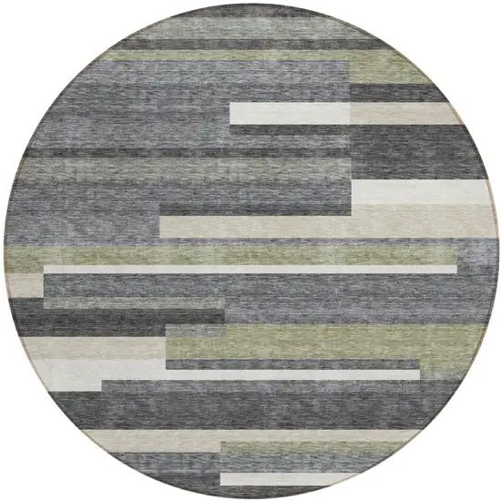 8' Charcoal Gray And Silver Round Striped Washable Indoor Outdoor Area Rug Photo 1
