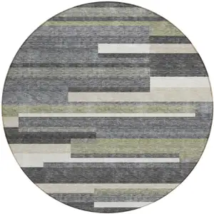 Photo of 8' Charcoal Gray And Silver Round Striped Washable Indoor Outdoor Area Rug
