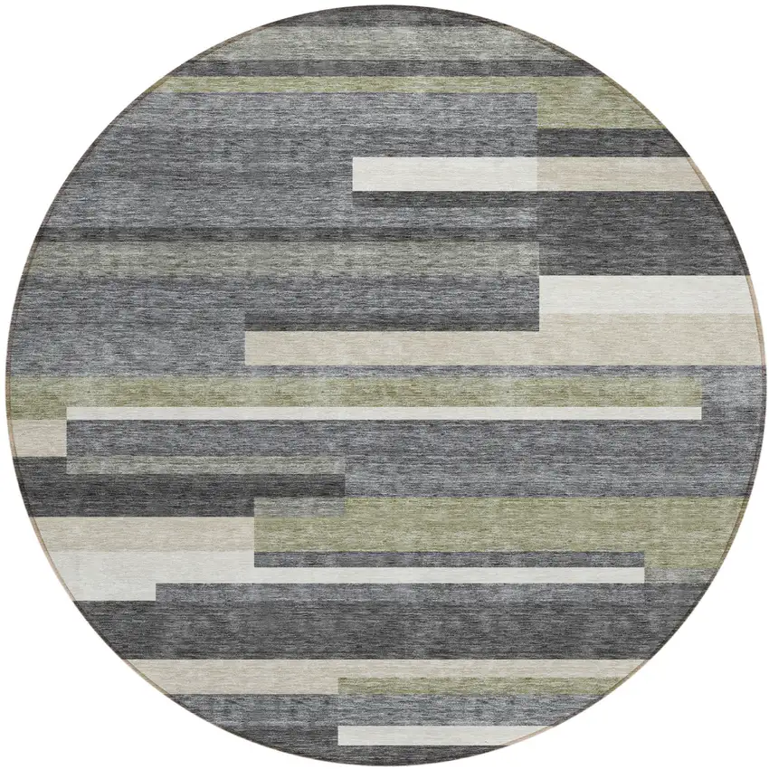 8' Charcoal Gray And Silver Round Striped Washable Indoor Outdoor Area Rug Photo 1