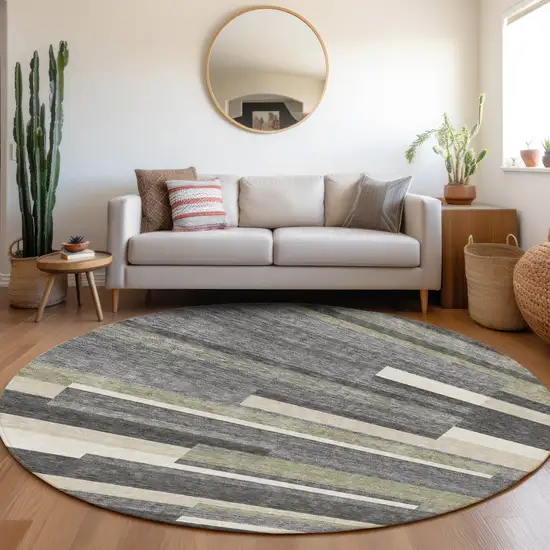 8' Charcoal Gray And Silver Round Striped Washable Indoor Outdoor Area Rug Photo 7