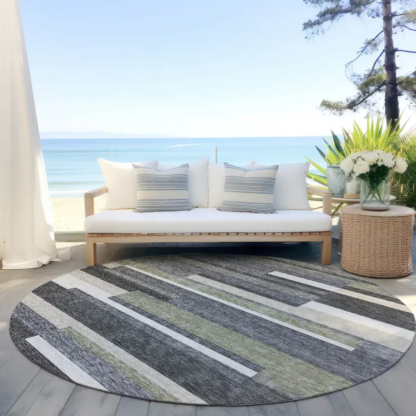 8' Charcoal Gray And Silver Round Striped Washable Indoor Outdoor Area Rug Photo 6