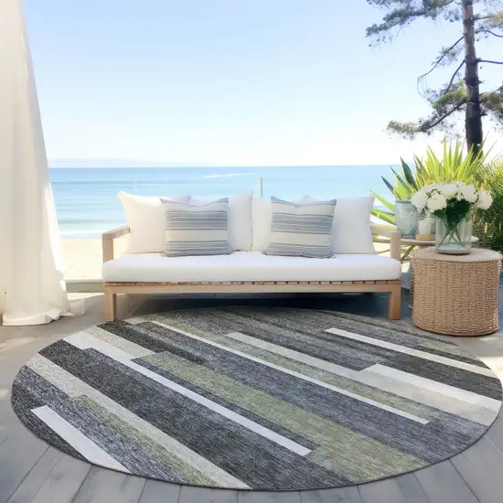 8' Charcoal Gray And Silver Round Striped Washable Indoor Outdoor Area Rug Photo 6