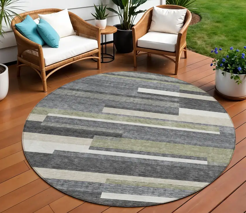 8' Charcoal Gray And Silver Round Striped Washable Indoor Outdoor Area Rug Photo 1