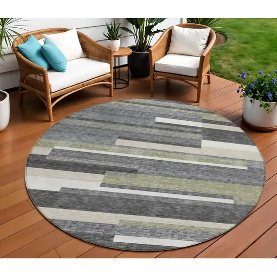 8' Charcoal Gray And Silver Round Striped Washable Indoor Outdoor Area Rug Photo 1