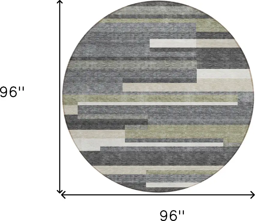 8' Charcoal Gray And Silver Round Striped Washable Indoor Outdoor Area Rug Photo 8