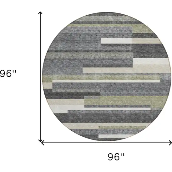 8' Charcoal Gray And Silver Round Striped Washable Indoor Outdoor Area Rug Photo 8