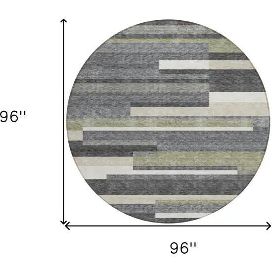 8' Charcoal Gray And Silver Round Striped Washable Indoor Outdoor Area Rug Photo 8