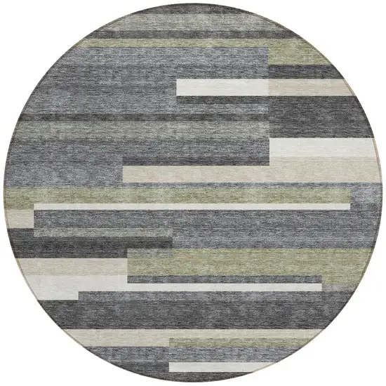 8' Charcoal Gray And Silver Round Striped Washable Indoor Outdoor Area Rug Photo 5