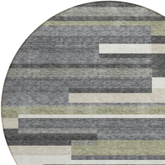 8' Charcoal Gray And Silver Round Striped Washable Indoor Outdoor Area Rug Photo 4