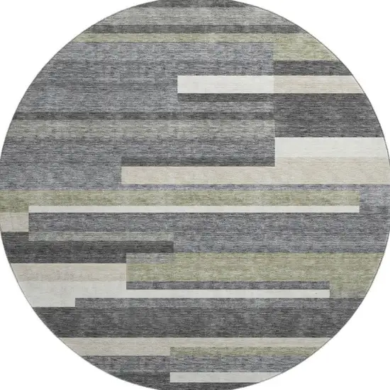 8' Charcoal Gray And Silver Striped Washable Round Rug With UV Protection Photo 3