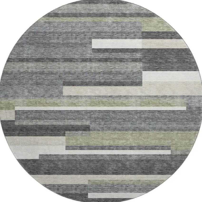 8' Charcoal Gray And Silver Striped Washable Round Rug With UV Protection Photo 3