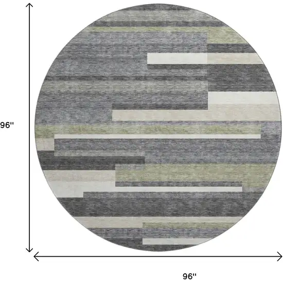 8' Charcoal Gray And Silver Striped Washable Round Rug With UV Protection Photo 3