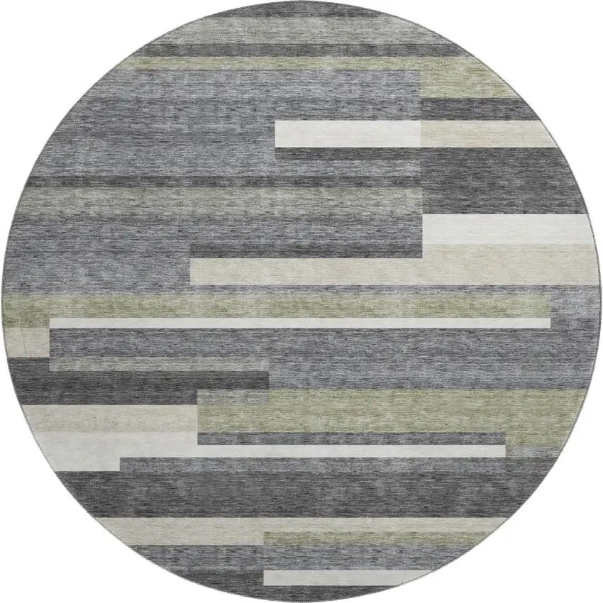 8' Charcoal Gray And Silver Striped Washable Round Rug With UV Protection Photo 1