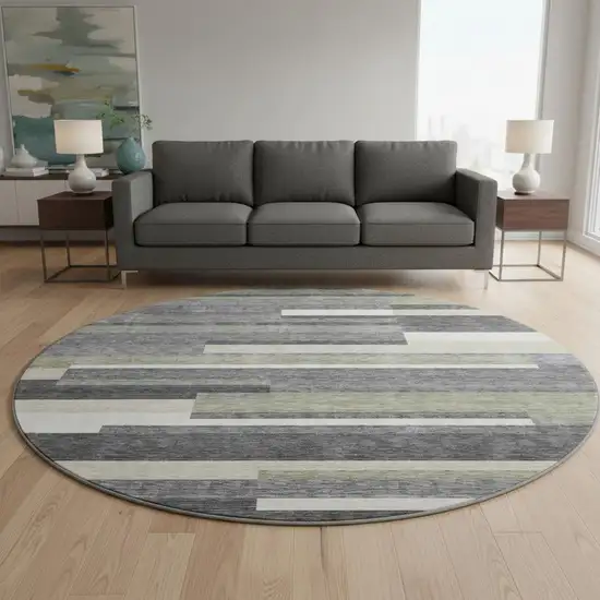 8' Charcoal Gray And Silver Striped Washable Round Rug With UV Protection Photo 2