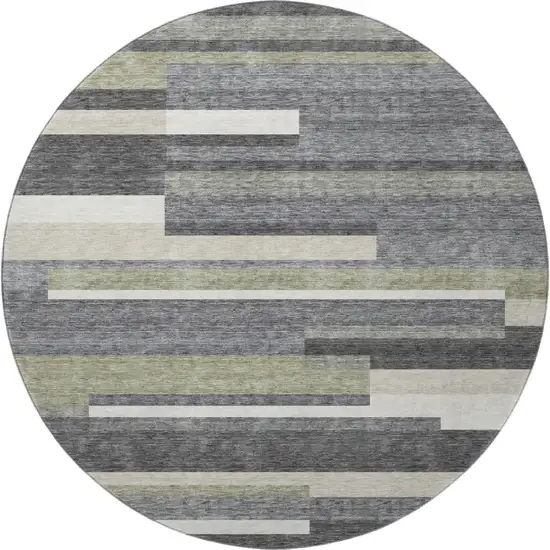 8' Charcoal Gray And Silver Striped Washable Round Rug With UV Protection Photo 4