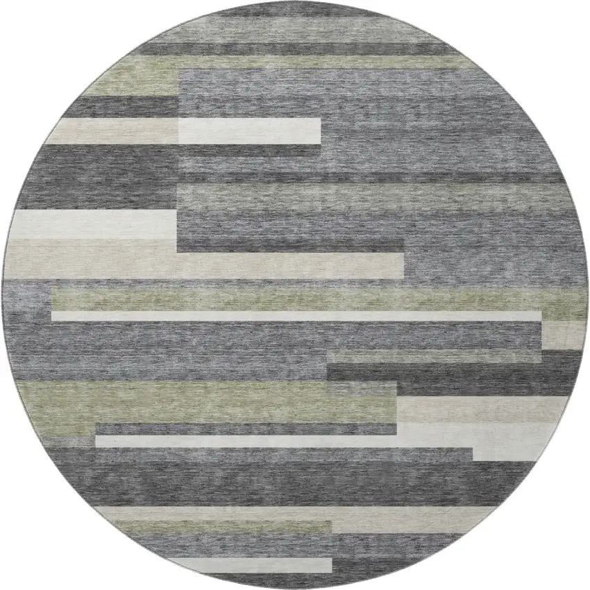 8' Charcoal Gray And Silver Striped Washable Round Rug With UV Protection Photo 4