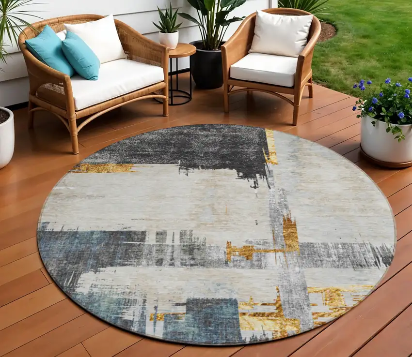 8' Charcoal Gray And Tan Round Abstract Washable Indoor Outdoor Area Rug Photo 1