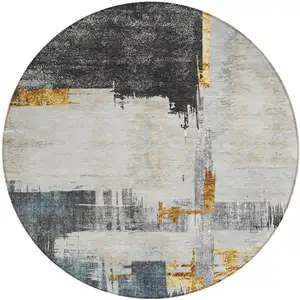 Photo of 8' Charcoal Gray And Tan Round Abstract Washable Indoor Outdoor Area Rug