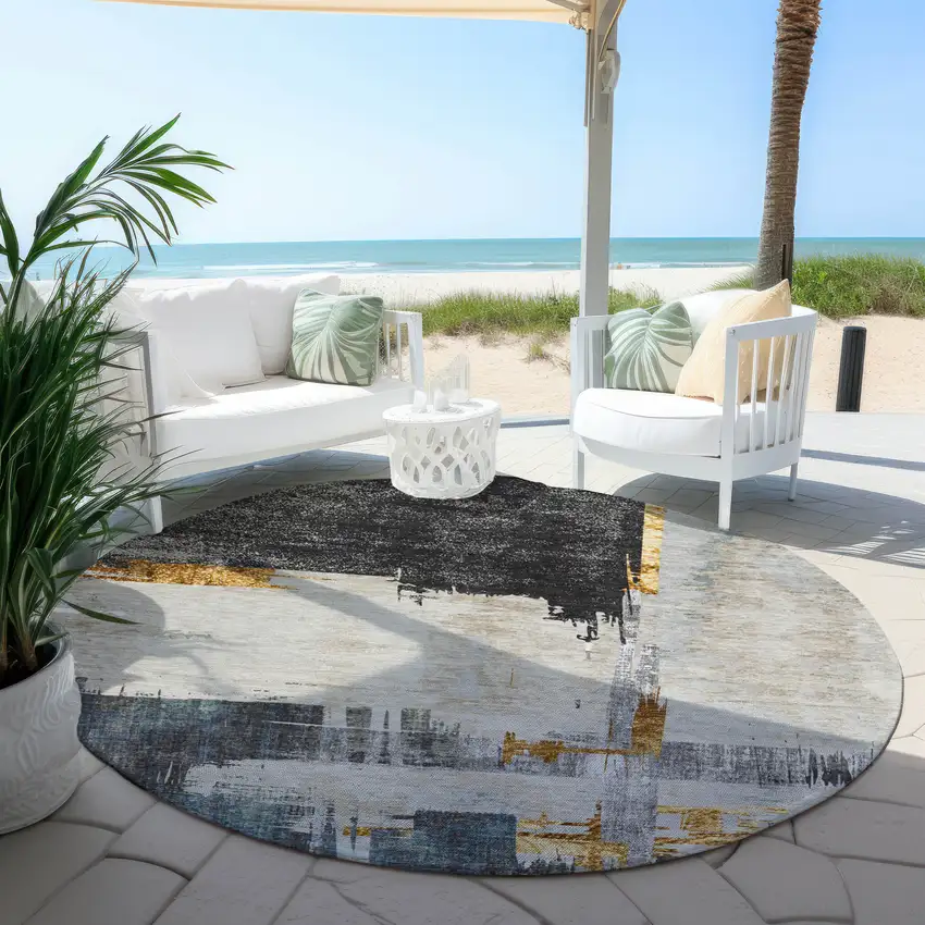 8' Charcoal Gray And Tan Round Abstract Washable Indoor Outdoor Area Rug Photo 6