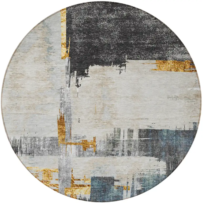 8' Charcoal Gray And Tan Round Abstract Washable Indoor Outdoor Area Rug Photo 5