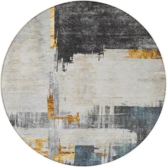 8' Charcoal Gray And Tan Round Abstract Washable Indoor Outdoor Area Rug Photo 5