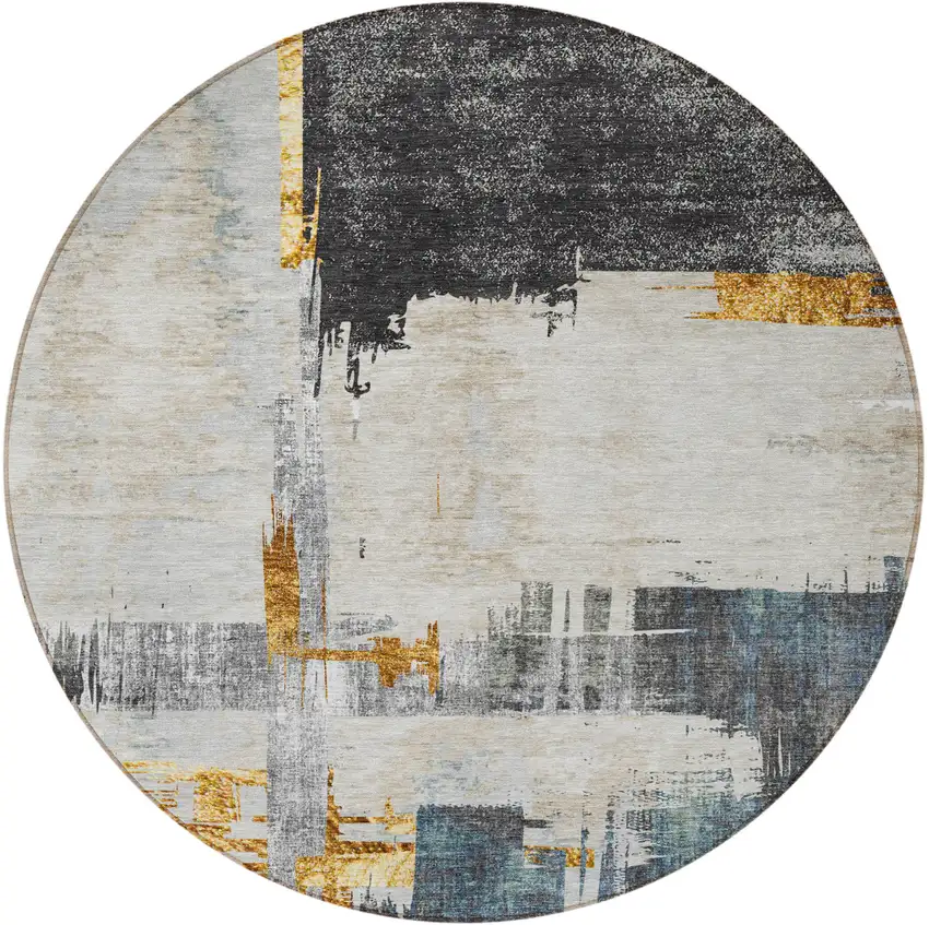 8' Charcoal Gray And Tan Round Abstract Washable Indoor Outdoor Area Rug Photo 5