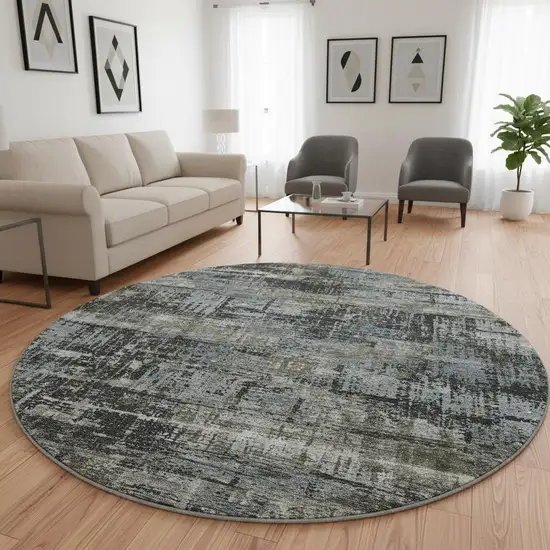 8' Charcoal Gray And Taupe Geometric Washable Round Rug With UV Protection Photo 2