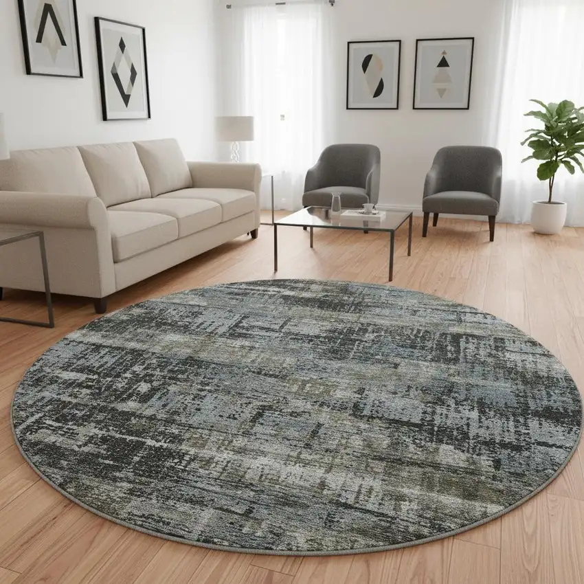 8' Charcoal Gray And Taupe Geometric Washable Round Rug With UV Protection Photo 2