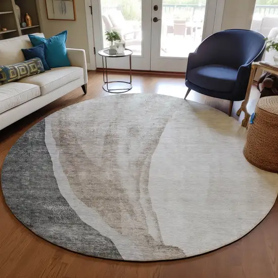 8' Charcoal Gray And Taupe Round Abstract Washable Indoor Outdoor Area Rug Photo 8