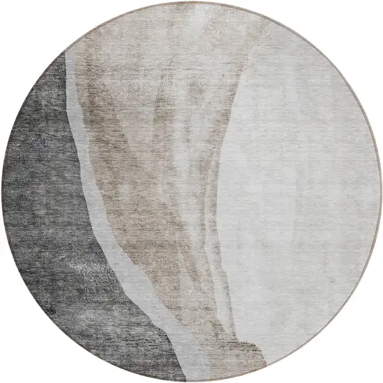 8' Charcoal Gray And Taupe Round Abstract Washable Indoor Outdoor Area Rug Photo 2