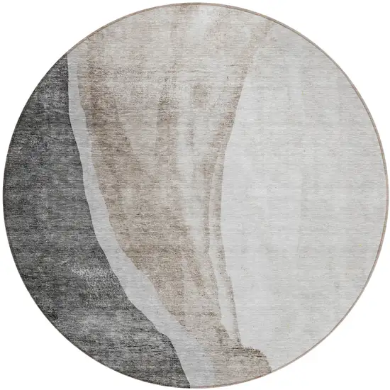 8' Charcoal Gray And Taupe Round Abstract Washable Indoor Outdoor Area Rug Photo 2