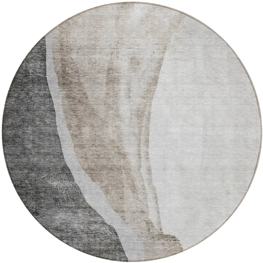 8' Charcoal Gray And Taupe Round Abstract Washable Indoor Outdoor Area Rug Photo 2