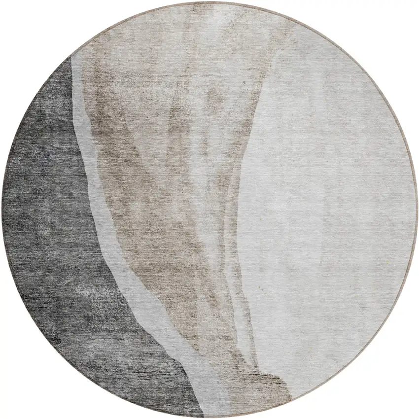 8' Charcoal Gray And Taupe Round Abstract Washable Indoor Outdoor Area Rug Photo 2