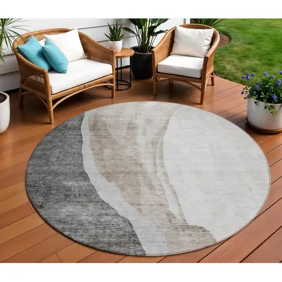 8' Charcoal Gray And Taupe Round Abstract Washable Indoor Outdoor Area Rug Photo 1