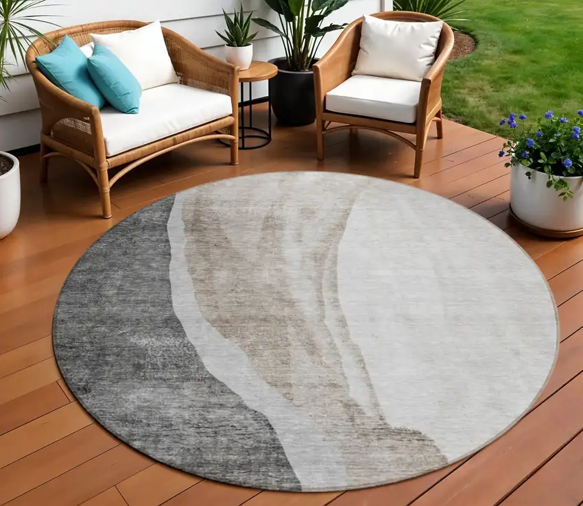 8' Charcoal Gray And Taupe Round Abstract Washable Indoor Outdoor Area Rug Photo 1